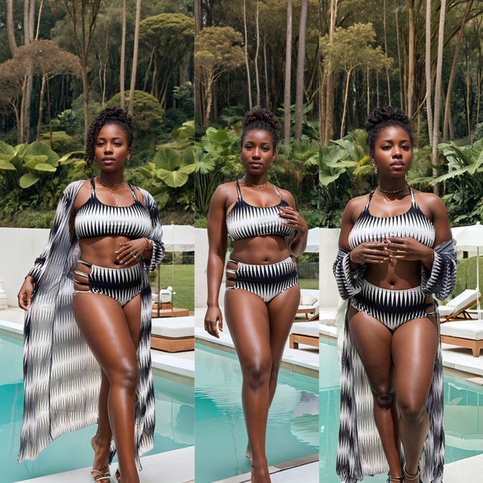 3-piece swimsuit set with zigzag bikini and sheer cover-up, black-and-white