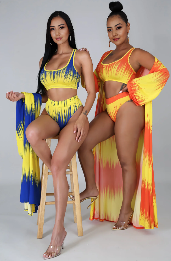 3-piece printed swimsuit set with cover-up, blue-yellow gradient with dark accents