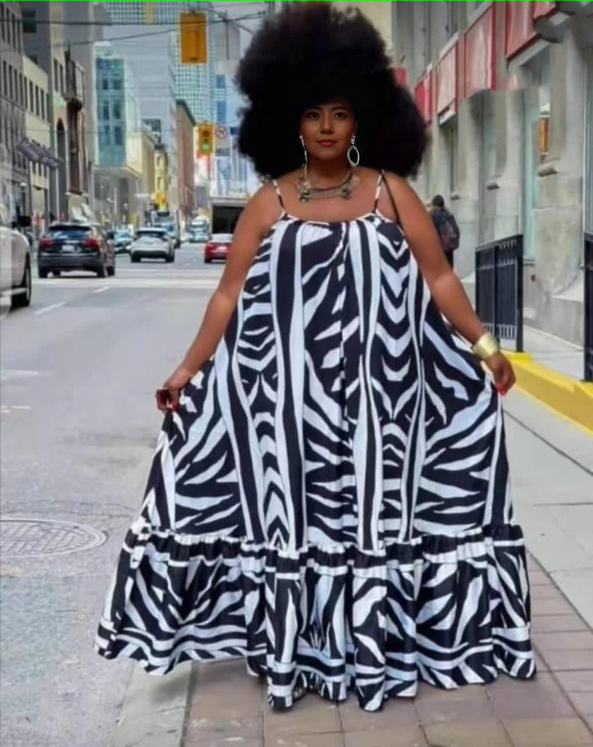 Sleeveless Maxi Dress with Animal Stripe Pattern and Ruffled Hem