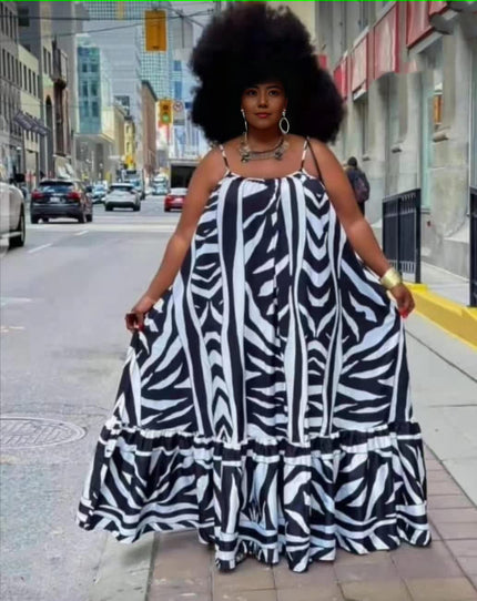Plus size maxi dress with black-and-white zebra stripe ruffle tiers