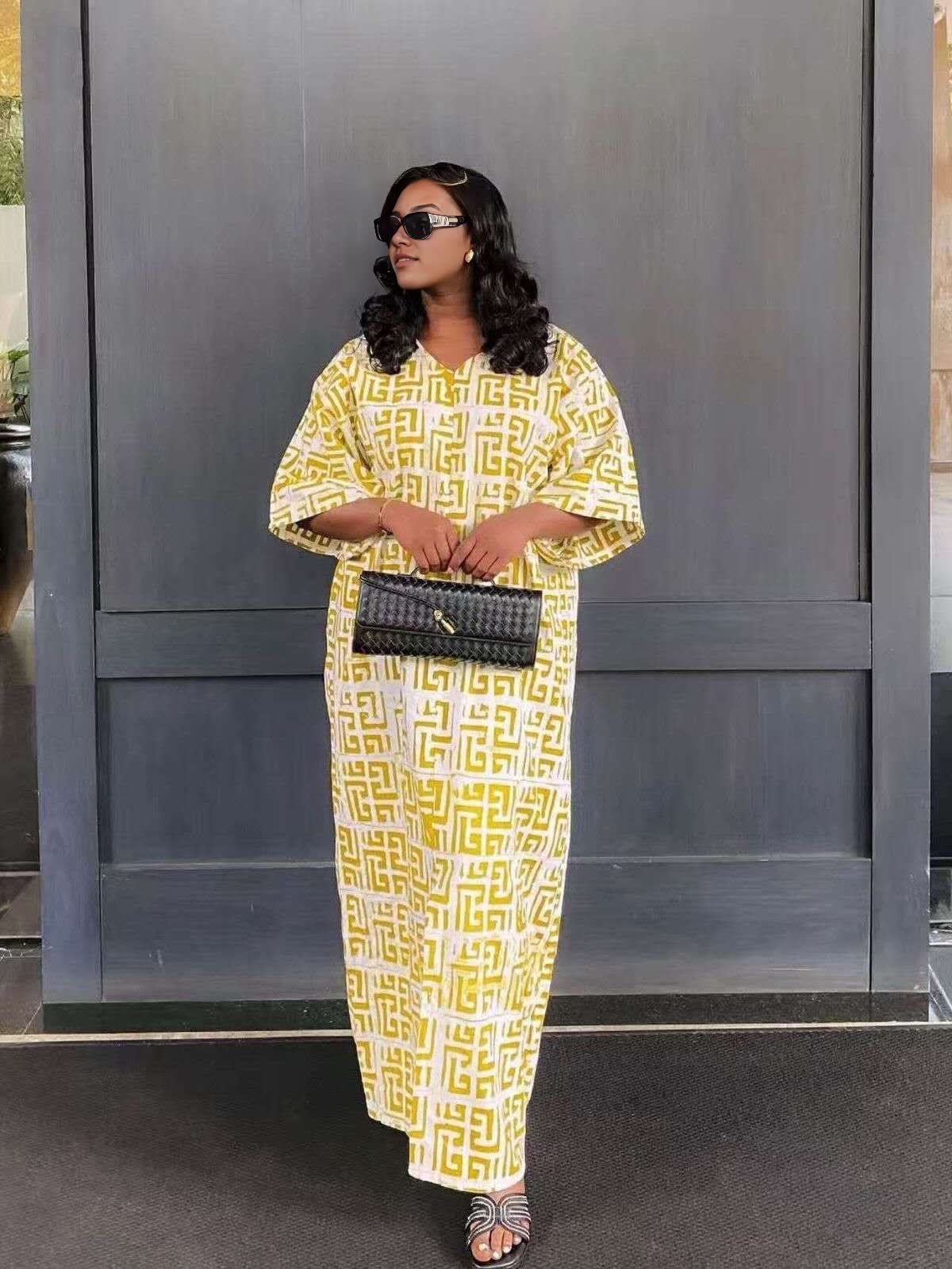 Maxikleid mit geometrischem Print, lockerer Passform, gelb mit weißem Muster