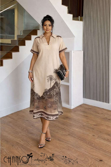 Palm print midi dress with collared short sleeves, beige with dark palm motifs.
