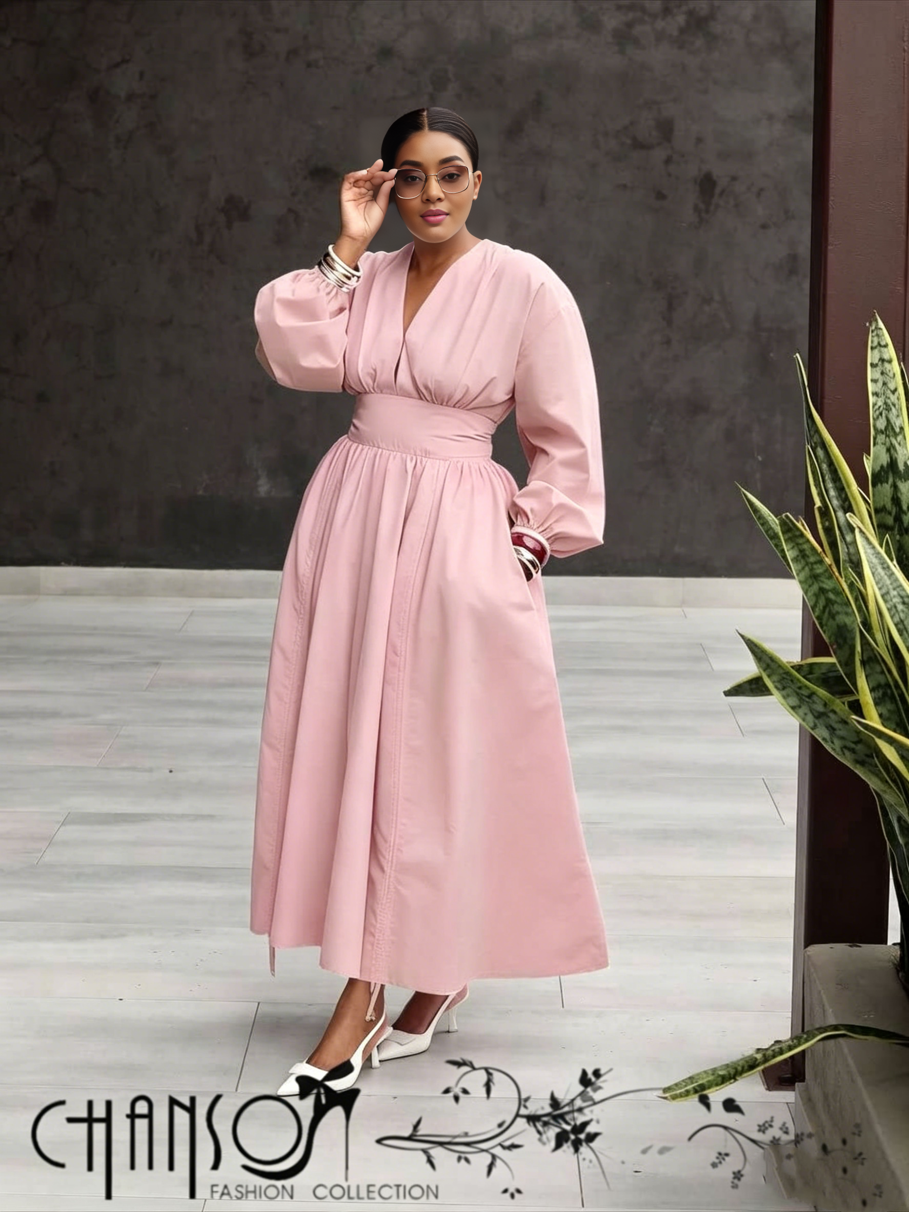 V-neck Waist-cinched Dress Long Sleeve & Full Skirt For Formal Events