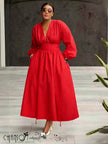 V-neck Waist-cinched Dress Long Sleeve & Full Skirt For Formal Events