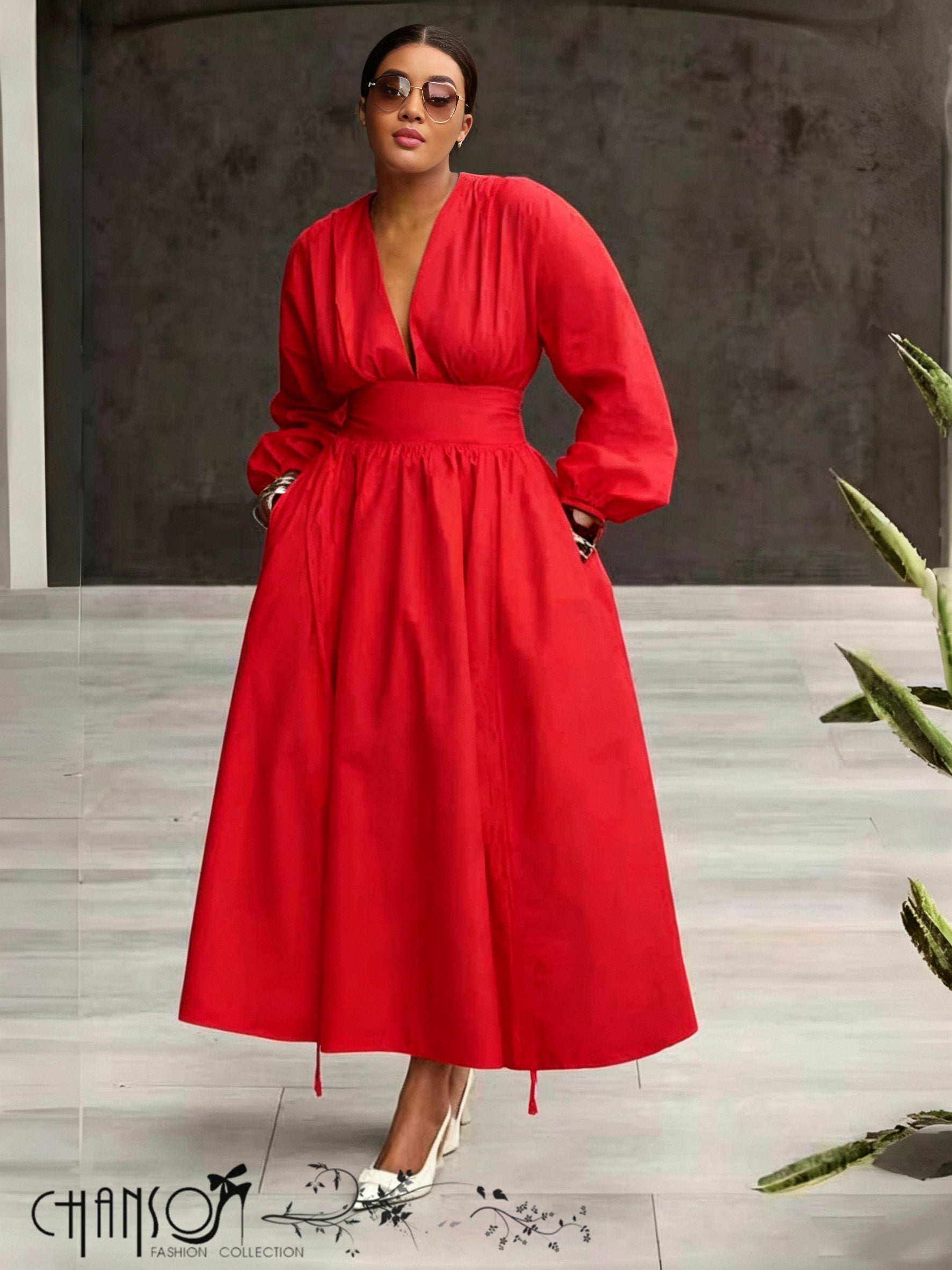 V-neck Waist-cinched Dress Long Sleeve & Full Skirt For Formal Events