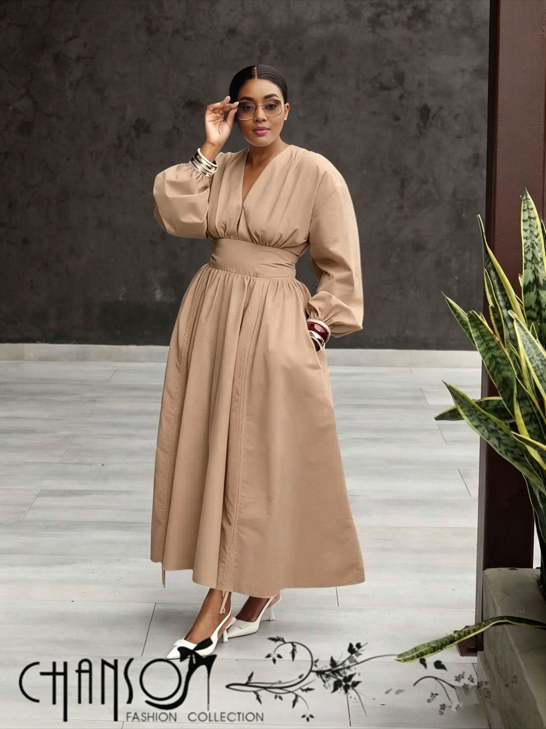 V-neck Waist-cinched Dress Long Sleeve & Full Skirt For Formal Events
