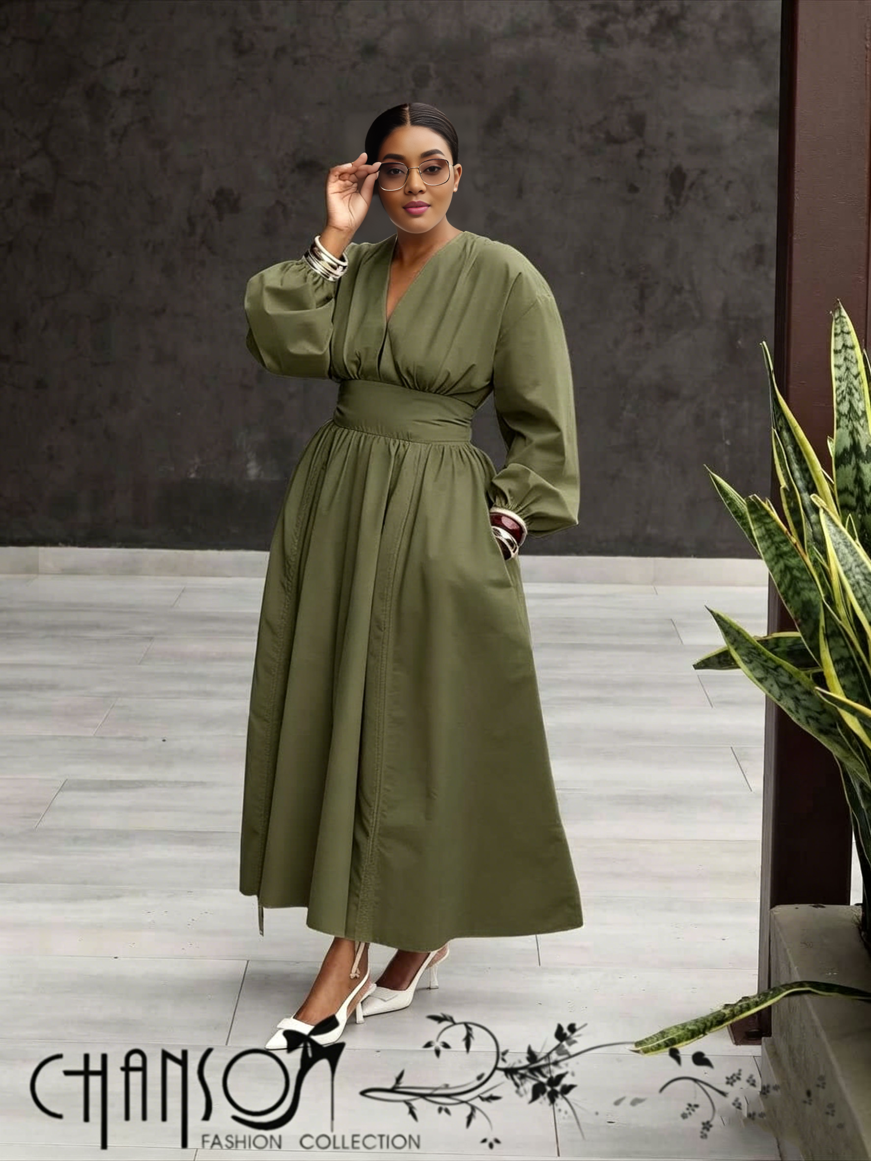 V-neck Waist-cinched Dress Long Sleeve & Full Skirt For Formal Events