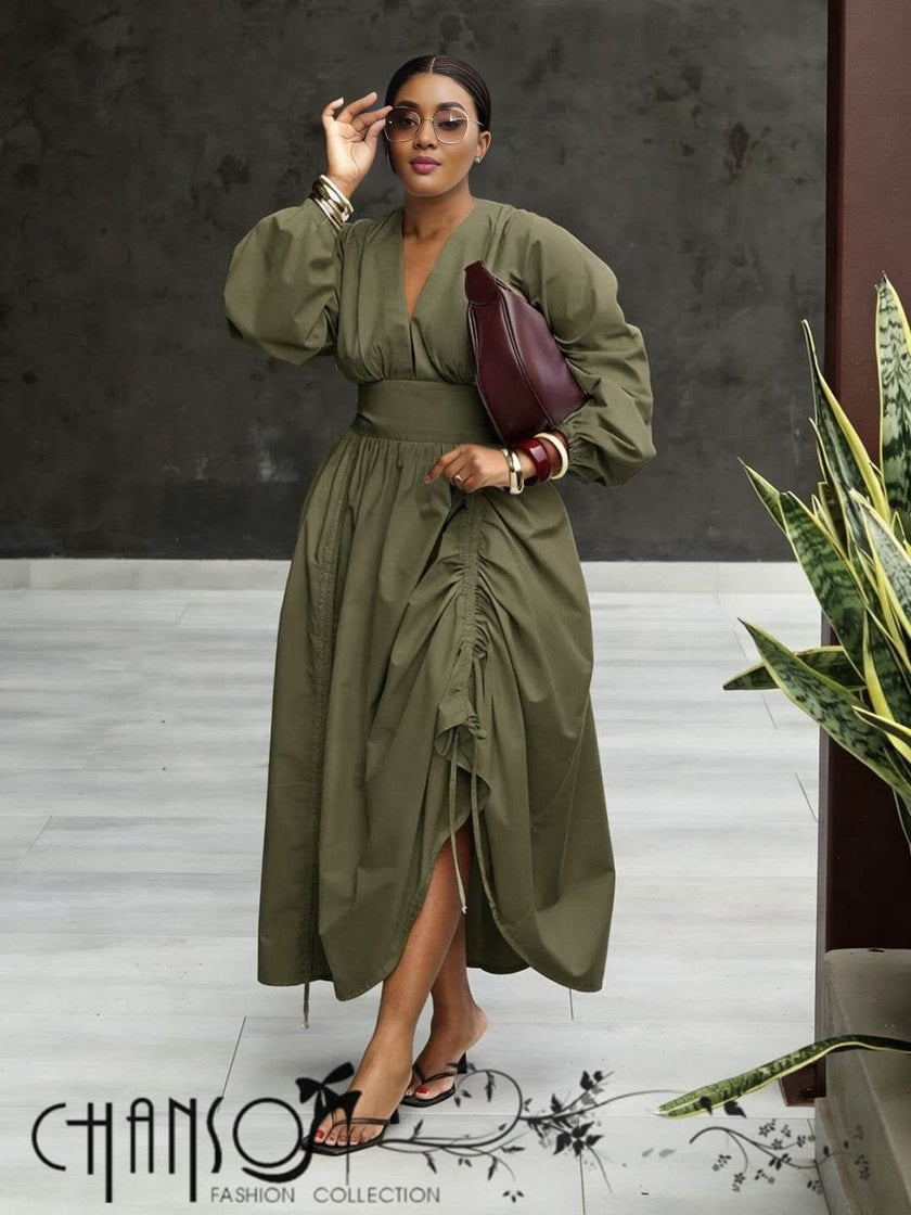 V-neck Waist-cinched Dress Long Sleeve & Full Skirt For Formal Events