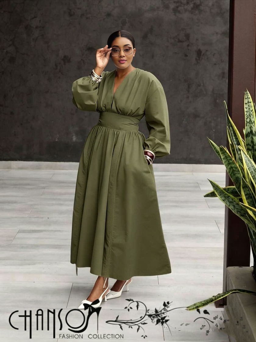 V-neck Waist-cinched Dress Long Sleeve & Full Skirt For Formal Events