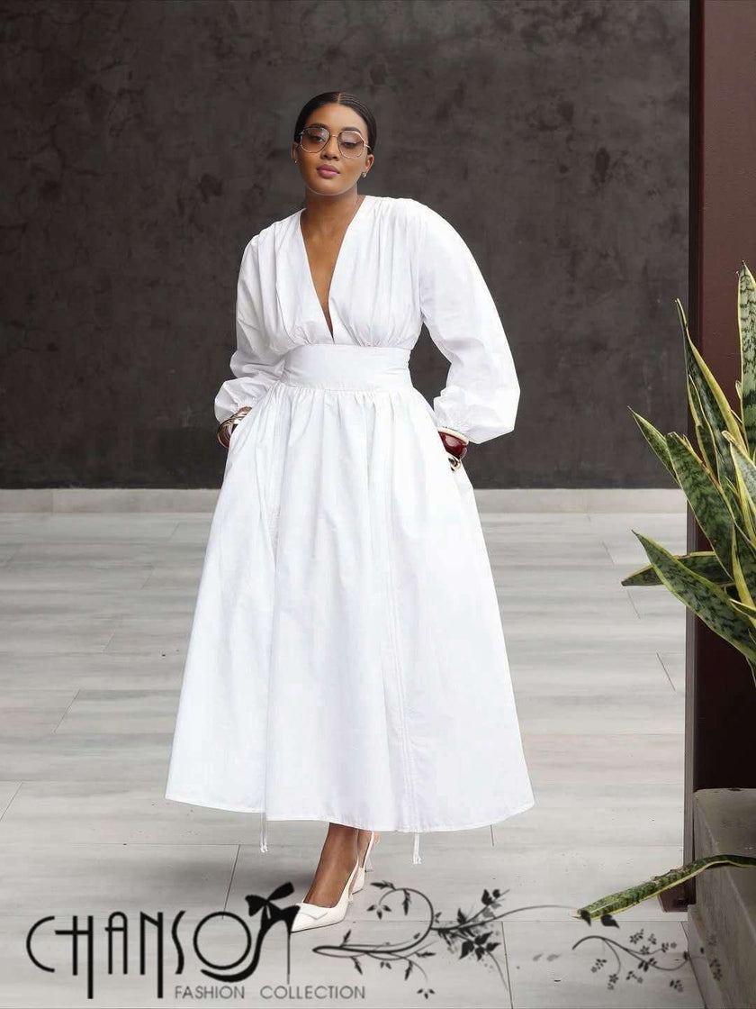 V-neck Waist-cinched Dress Long Sleeve & Full Skirt For Formal Events