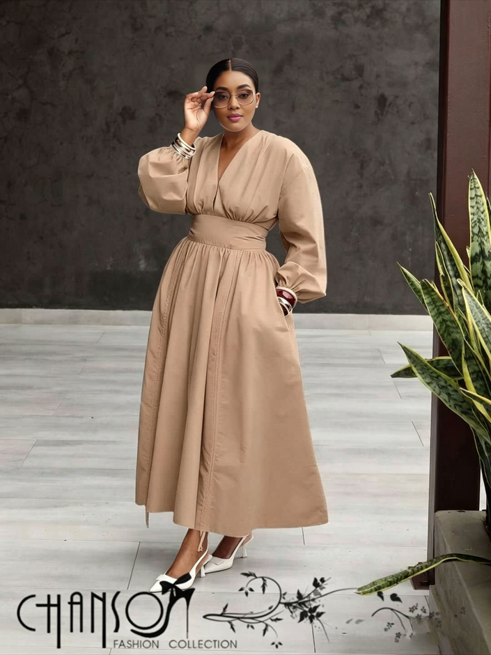 V-Neck Midi Dress – WaistCinched Puff Sleeve