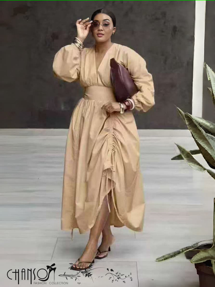 V-neck Waist-cinched Dress Long Sleeve & Full Skirt For Formal Events