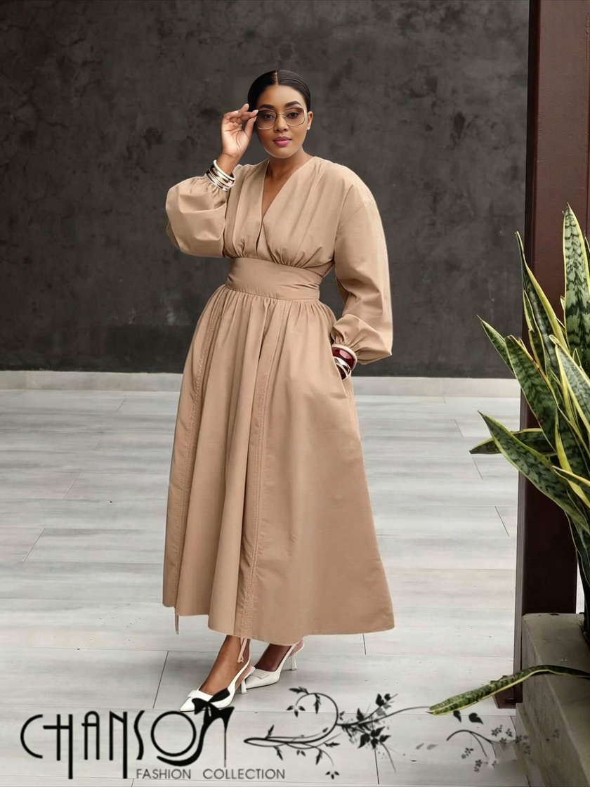 V-neck Waist-cinched Dress Long Sleeve & Full Skirt For Formal Events