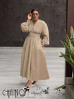 Beige maxi dress with deep V neck, long puff sleeves, and gathered stretch waist