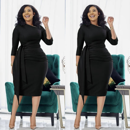 Black slim-fit midi dress with waist tie and pleated waist, 3/4 sleeves