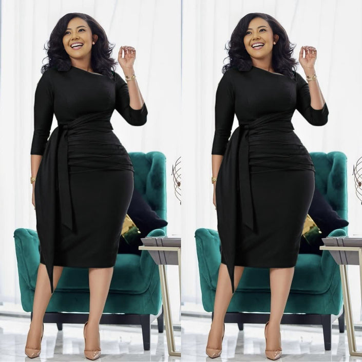 Black slim-fit midi dress with waist tie and pleated waist, 3/4 sleeves