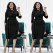 Slim-fit midi dress in black with waist tie, pleated waist, and side slit