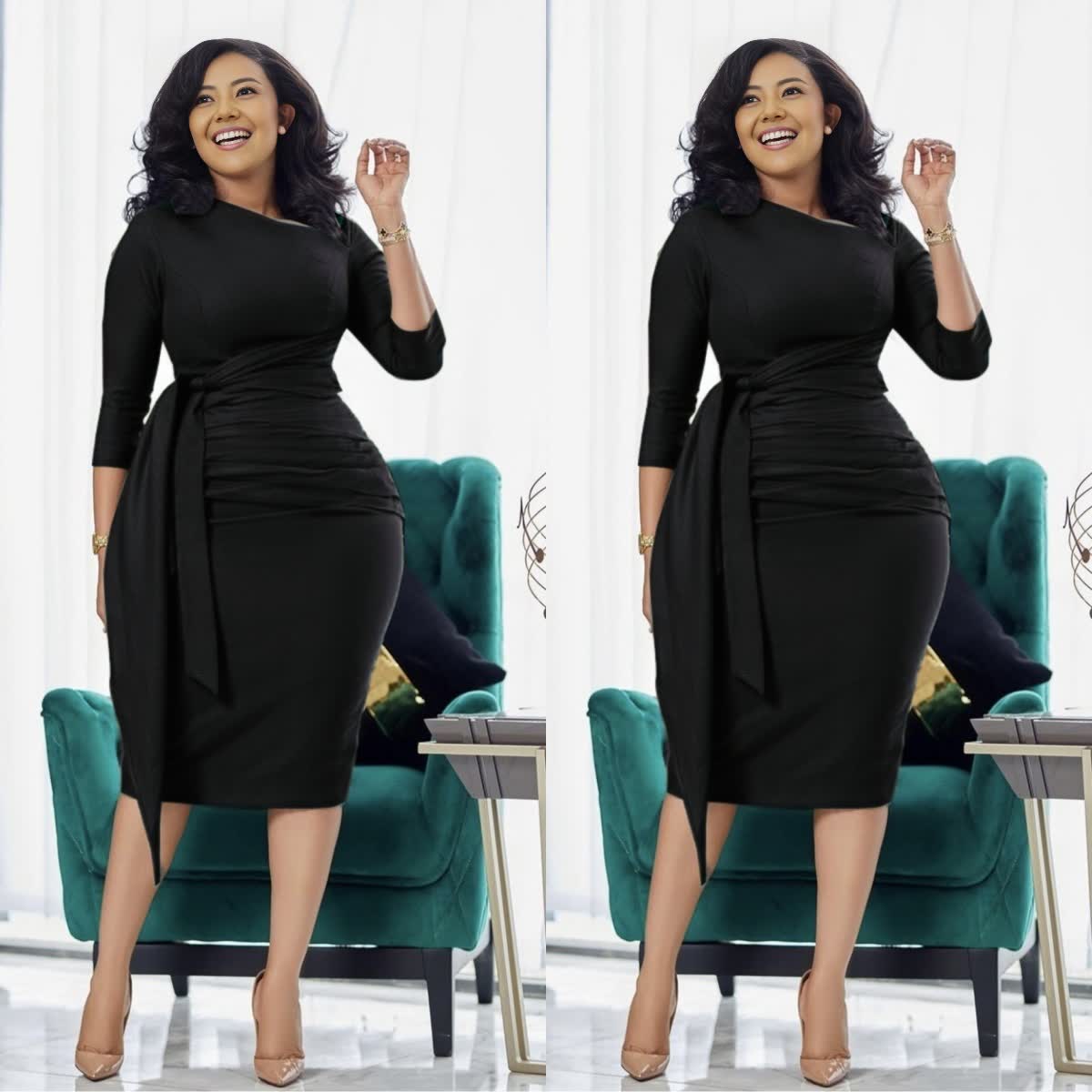 Slim-fit midi dress in black with waist tie, pleated waist, and side slit
