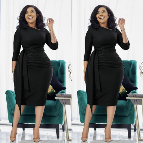 Slim-fit midi dress in black with waist tie, pleated waist, and side slit