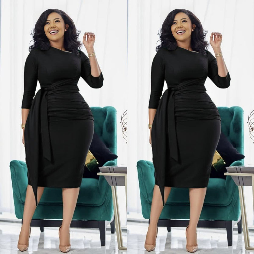 Slim-fit midi dress in black with waist tie, pleated waist, and side slit