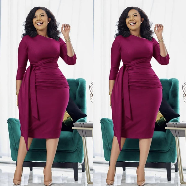 Maroon slim-fit midi dress with waist tie, pleated waist detail, 3/4 sleeves