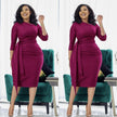 Slim-fit midi dress in maroon with waist tie and pleated front panels