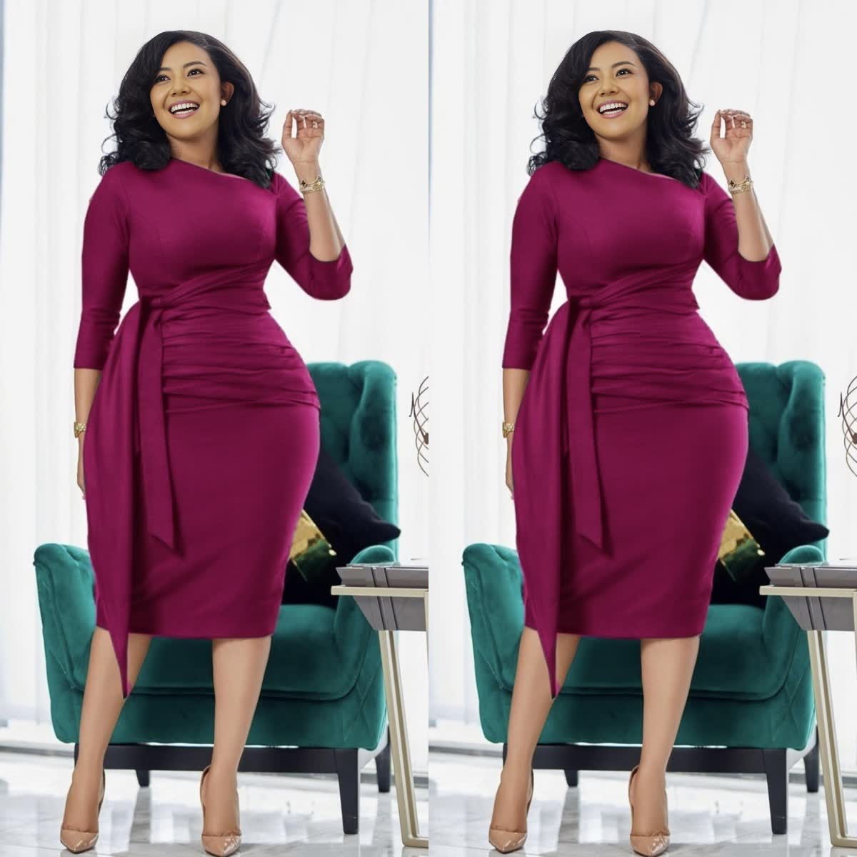Slim-fit midi dress in maroon with waist tie and pleated front panels