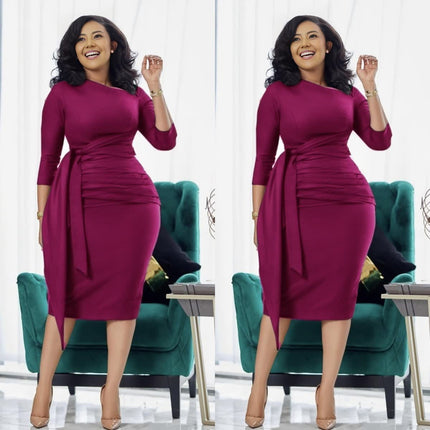 Slim fit midi dress with waist tie and pleats, plum/maroon, 3/4 sleeves