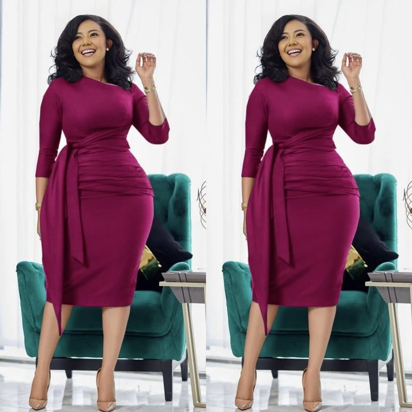 Slim-fit midi dress in maroon with waist tie and pleated front panels