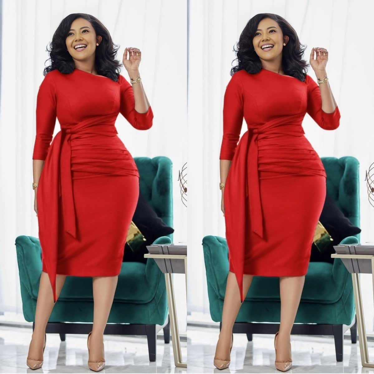 Slim-fit midi dress in red with waist tie, pleated waist, and slit hem