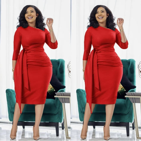 Slim-fit midi dress in red with waist tie, pleated waist, and slit hem