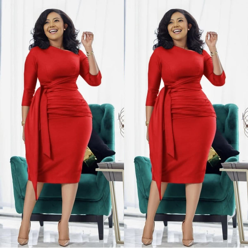 Slim-fit midi dress in red with waist tie, pleated waist, and slit hem