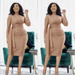 Slim-fit midi dress in khaki with waist tie and pleated detailing