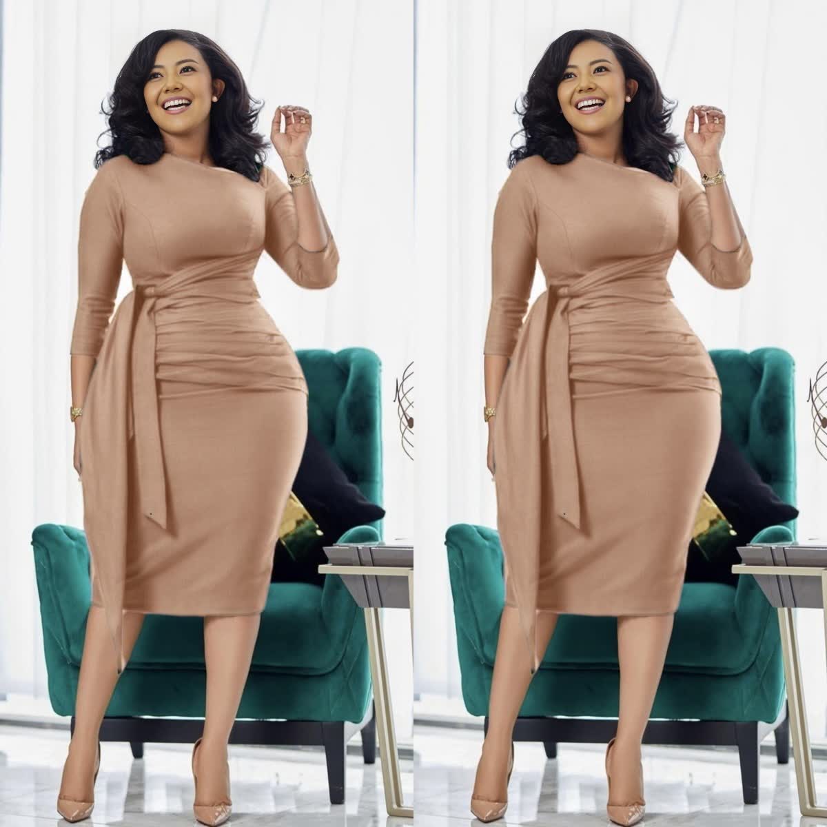 Slim-fit midi dress in khaki with waist tie and pleated detailing