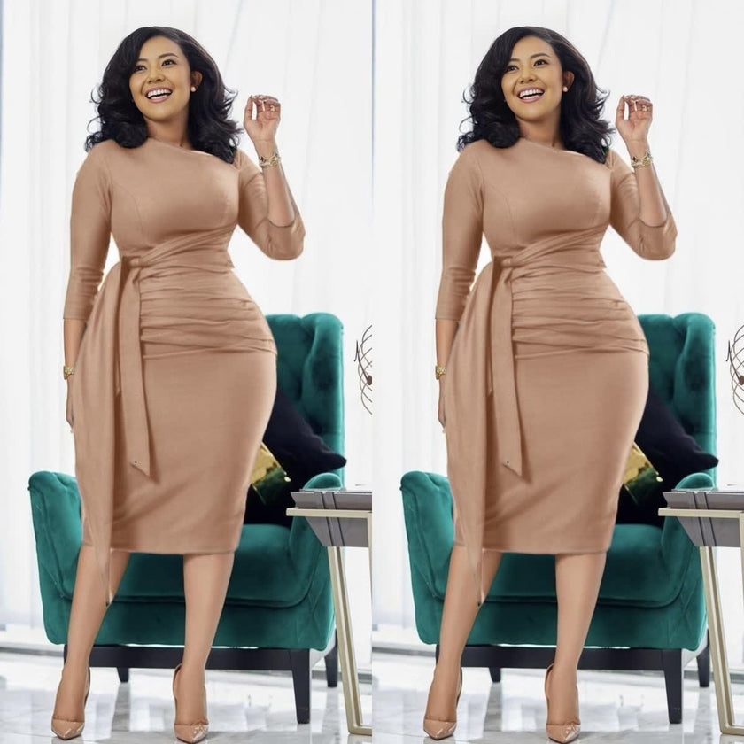 Slim-fit midi dress in khaki with waist tie and pleated detailing