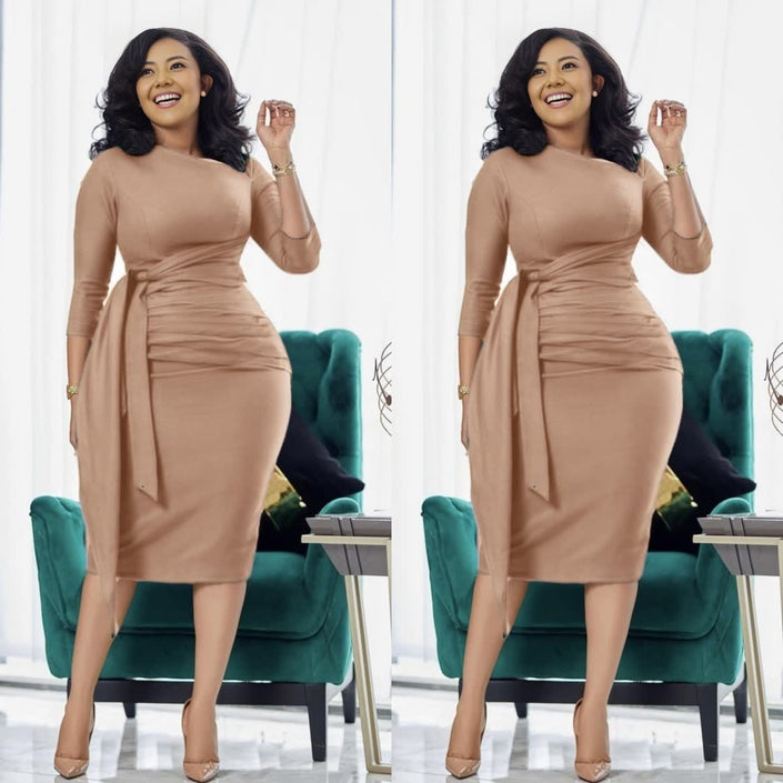 Khaki slim-fit midi dress with waist tie, pleated waist detail, 3/4 sleeves