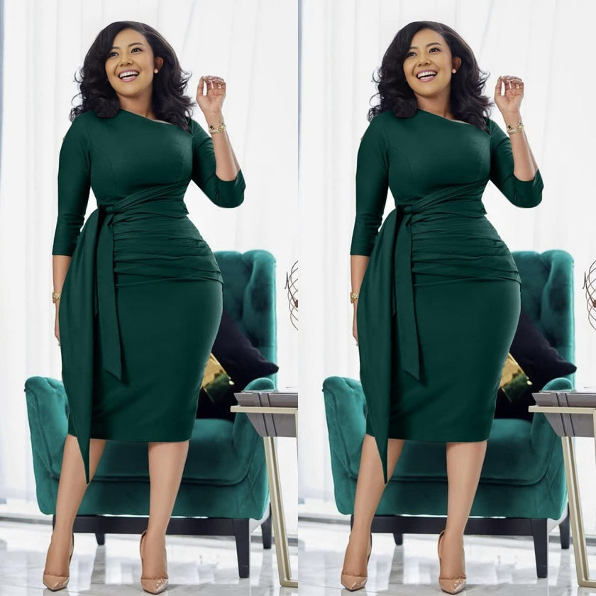Slim-fit midi dress in dark green with waist tie and pleated waist shaping
