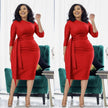 Red slim-fit midi dress with waist tie and pleated front, 3/4 sleeves