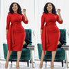 Red slim-fit midi dress with waist tie and pleated front, 3/4 sleeves