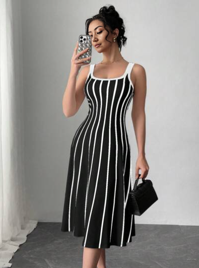 Black midi A-line dress with white vertical stripes, scoop neckline, thin shoulder straps