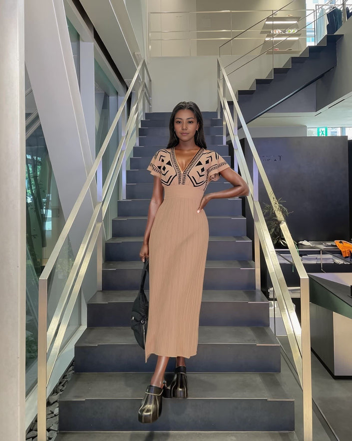 FashionPrice Knit Maxi Dress – Geometric Print Belted