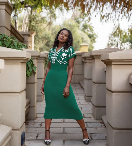 FashionPrice Knit Maxi Dress – Geometric Print Belted
