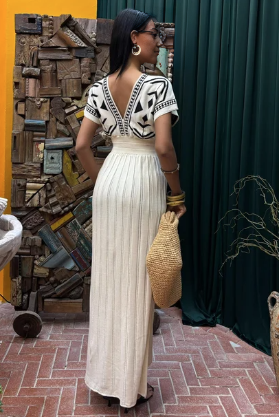 FashionPrice Knit Maxi Dress – Geometric Print Belted