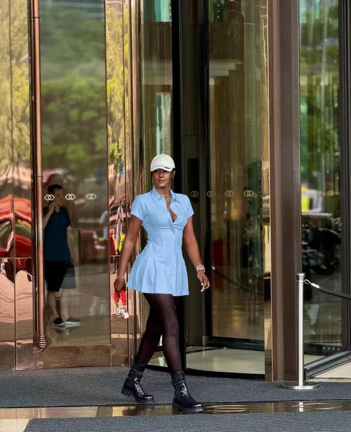 Sky-blue collared shirt dress with cinched waist and button front, mini length