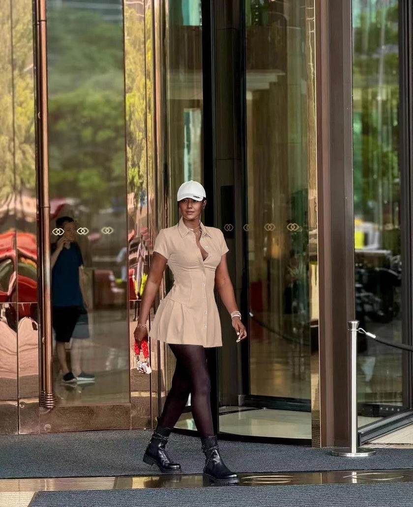 Urban Chic Collared Button-Down Shirt Dress with Cinched Waist