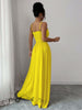 Yellow pleated maxi dress with spaghetti straps, smocked back bodice and flowing skirt