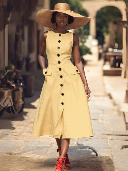 Light-yellow sleeveless midi button dress with flap pockets and front buttons