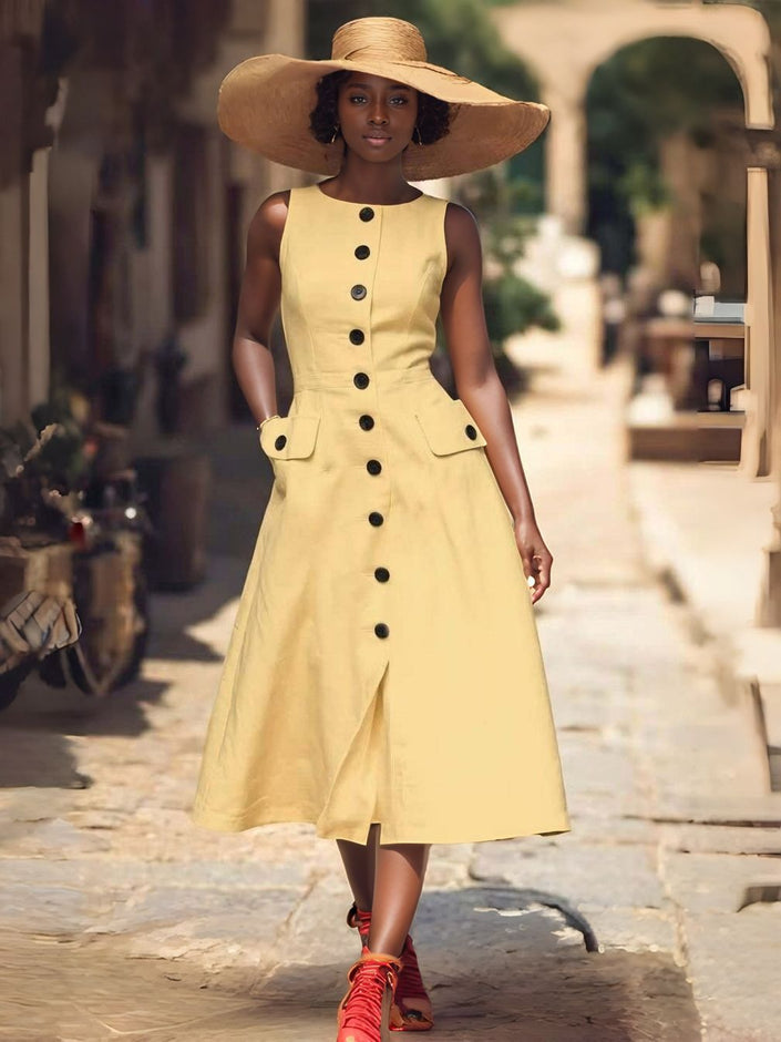 Light-yellow sleeveless midi button dress with flap pockets and front buttons