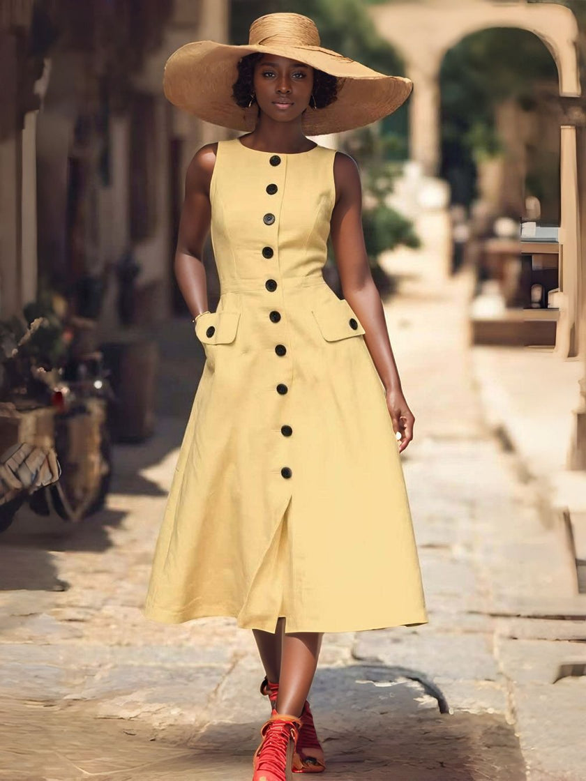 Light-yellow sleeveless midi button dress with flap pockets and front buttons