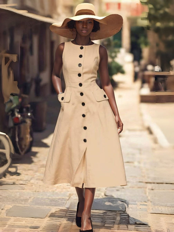 Beige sleeveless midi button dress with flap pockets and long button front